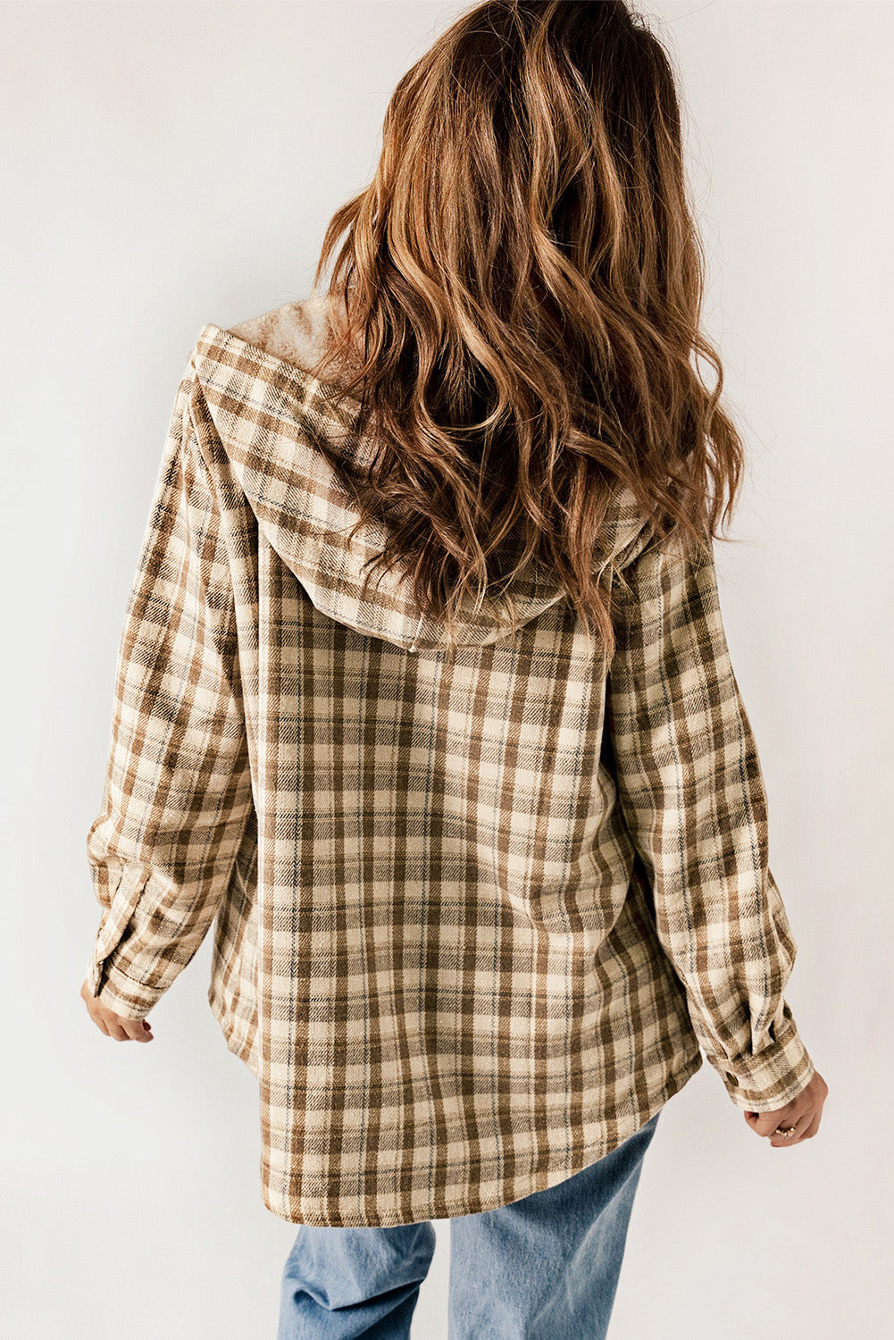 Plaid Pattern Sherpa Lined Hooded Shacket