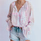 Mixed Print Split Neck Ruffle Bubble Sleeve Blouse