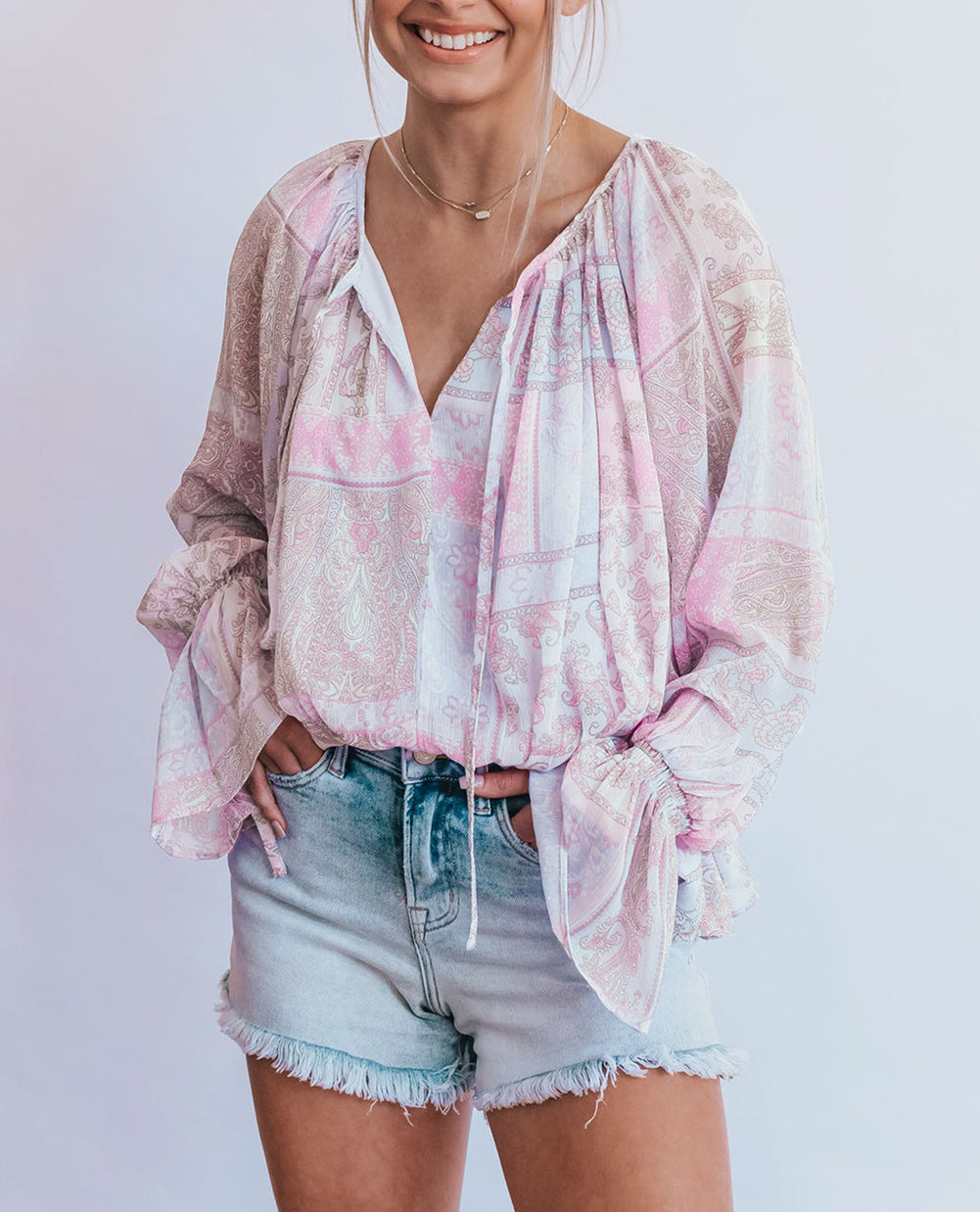 Mixed Print Split Neck Ruffle Bubble Sleeve Blouse