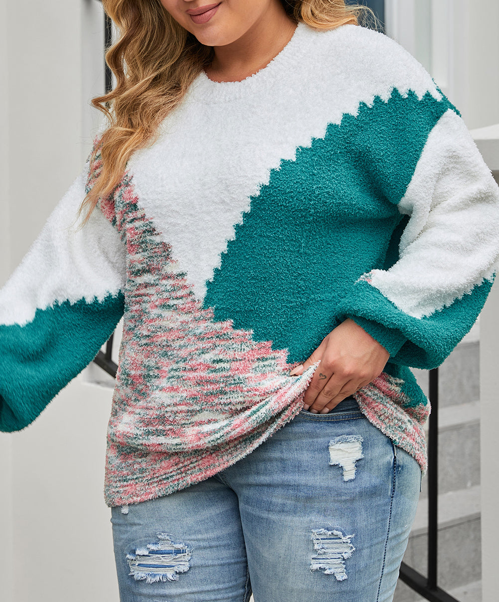 Scalloped Color Block Plus Size Sweater