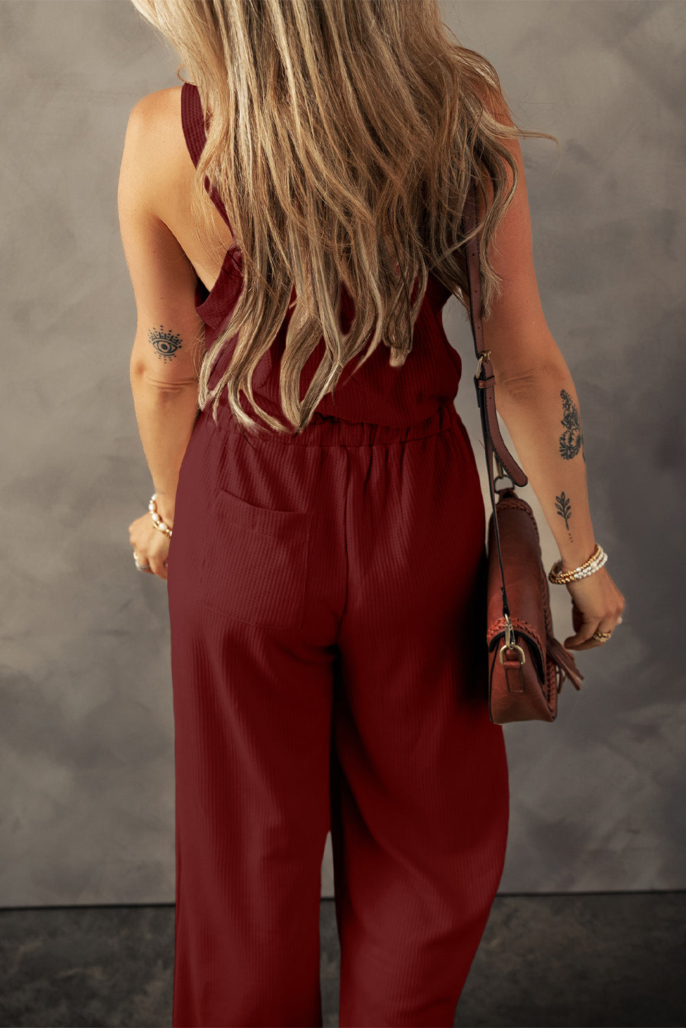 Knotted Straps Button Textured Drawstring Jumpsuit