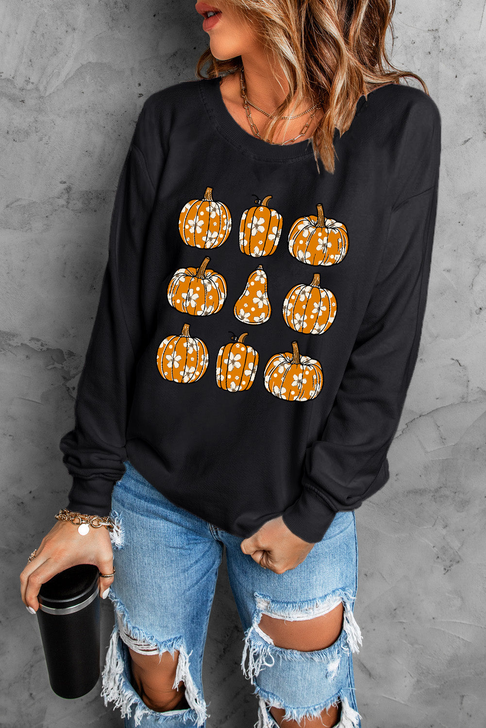 Floral Pumpkin Graphic Round Neck Halloween Sweatshirt