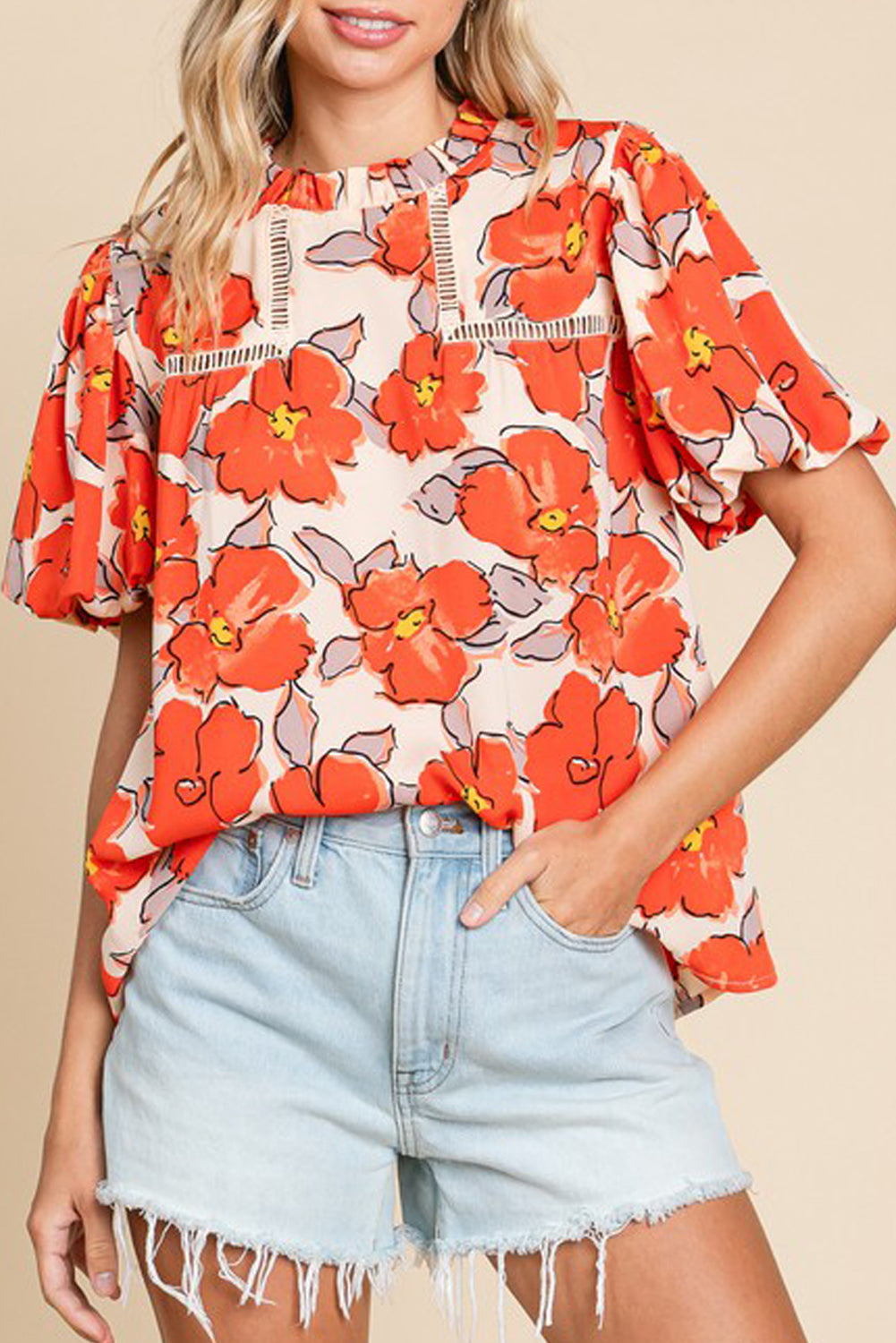 Floral Bubble Sleeve Frill Neck Loose Blouse