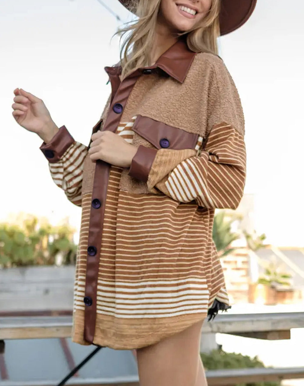 Striped Fleece Patchwork Button up Shacket with Pockets