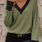 V Neck Button Cuffed Long Sleeve Top