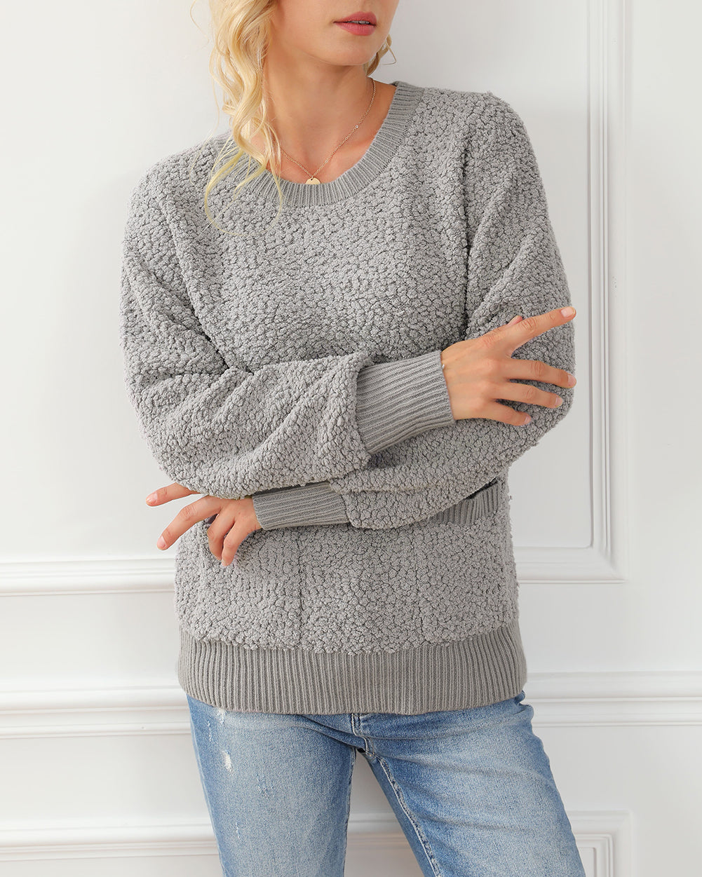 Double Pockets Ribbed Trim Popcorn Knit Sweater