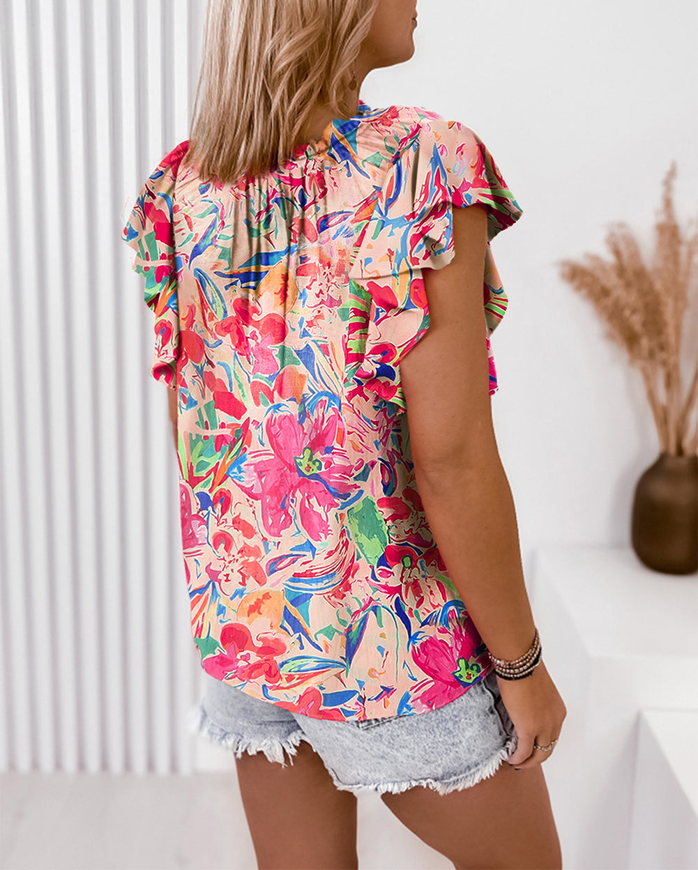 Floral Ruffled Sleeve V Neck Summer Blouse