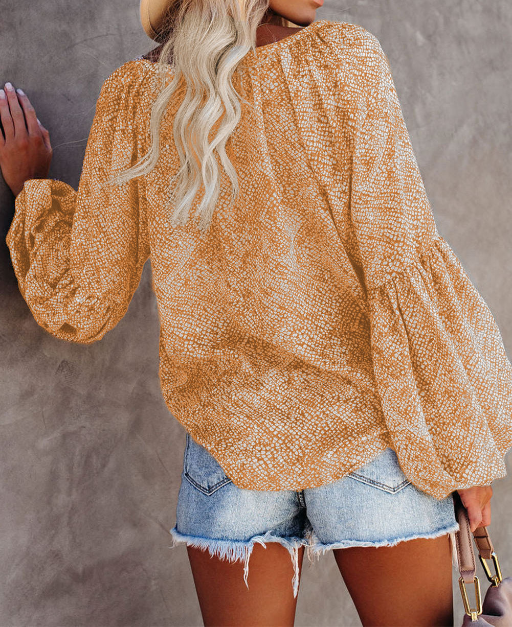 Pleated Lantern Sleeve Abstract Print Blouse