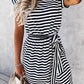 Stripe Short Sleeve Belted Wrapped Hemline Dress