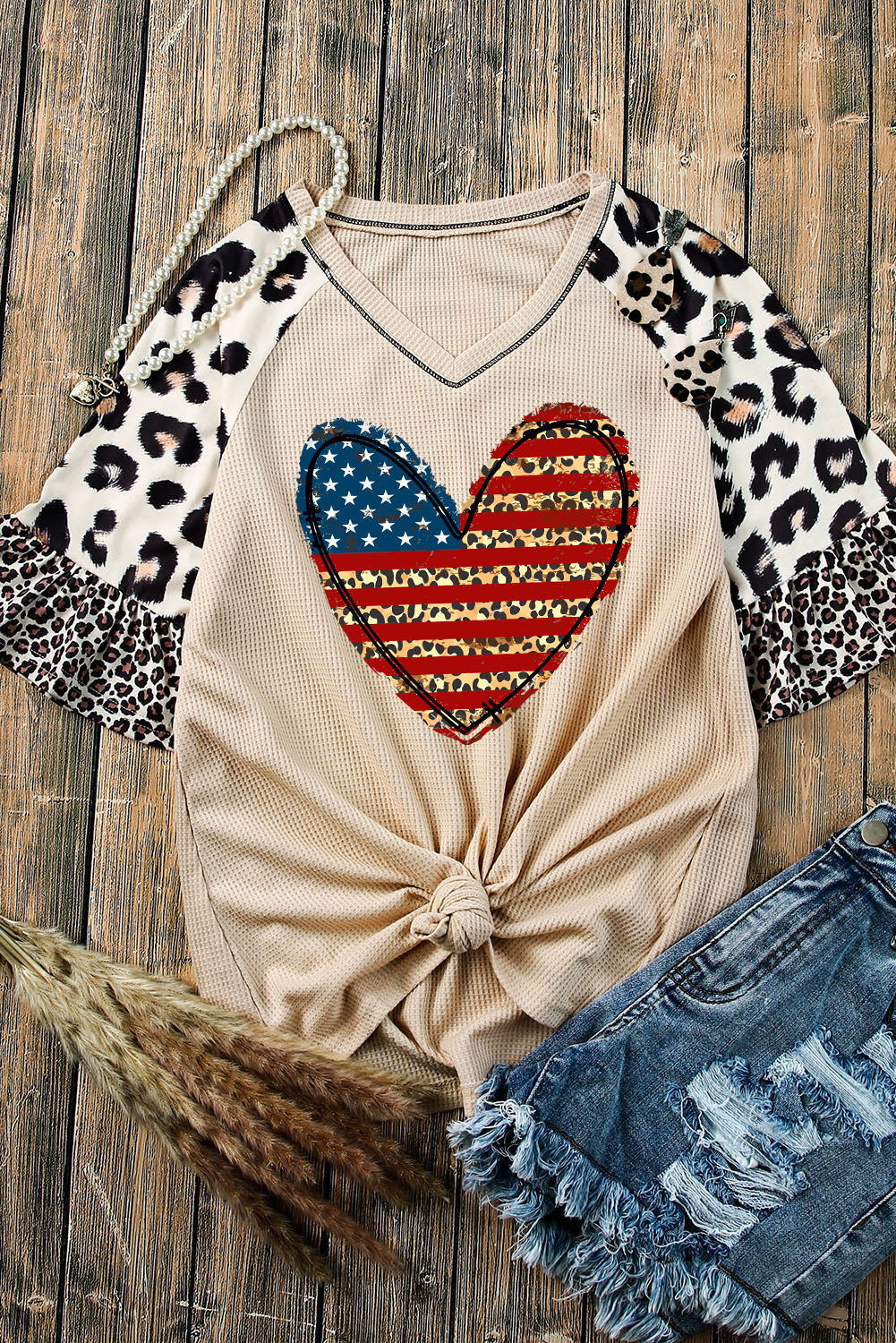 Leopard Patchwork American Flag Heart Print Graphic Tee