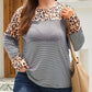 Plus Size Cow/Leopard Stripes Patchwork Long Sleeve Tee