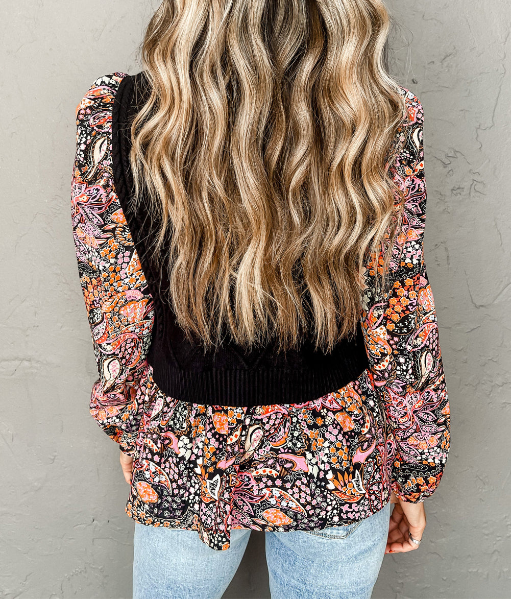 Contrast Floral Sleeve Peplum Sweater