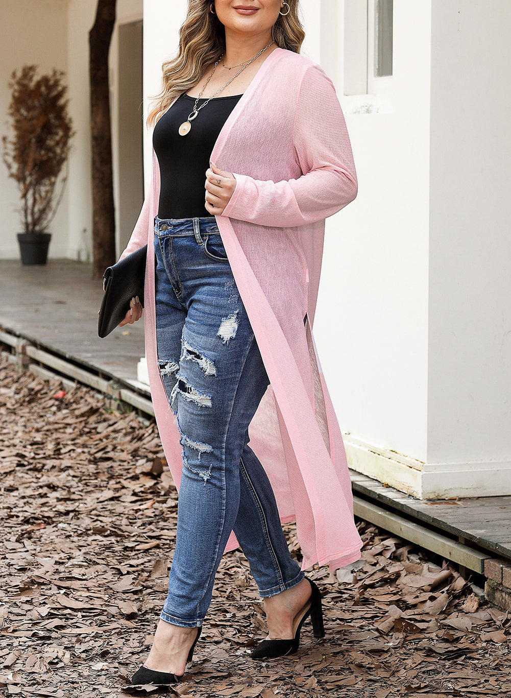 Sheer Knitted Long Side Slit Plus Size Cardigan