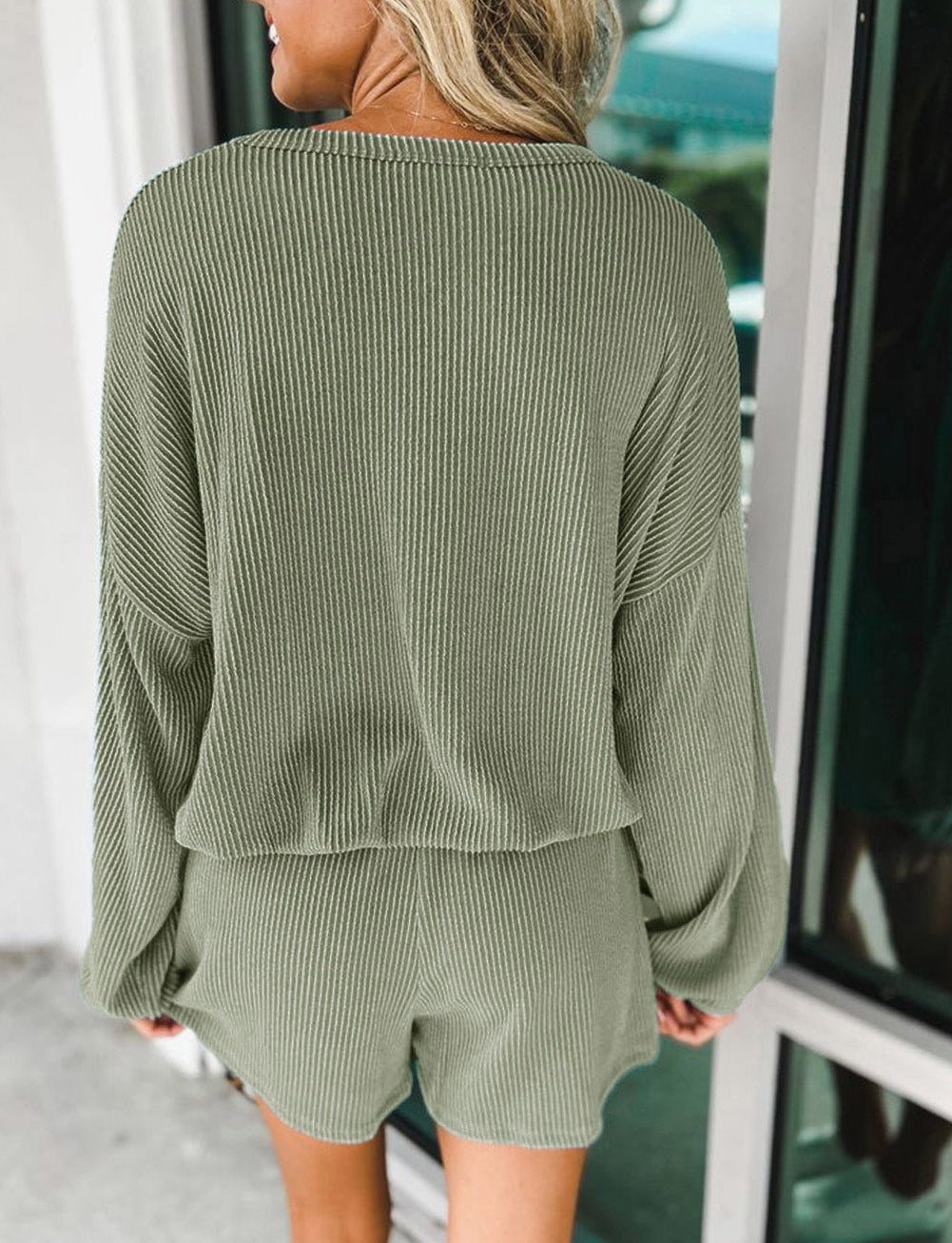 Corded V Neck Slouchy Top Pocketed Shorts Set