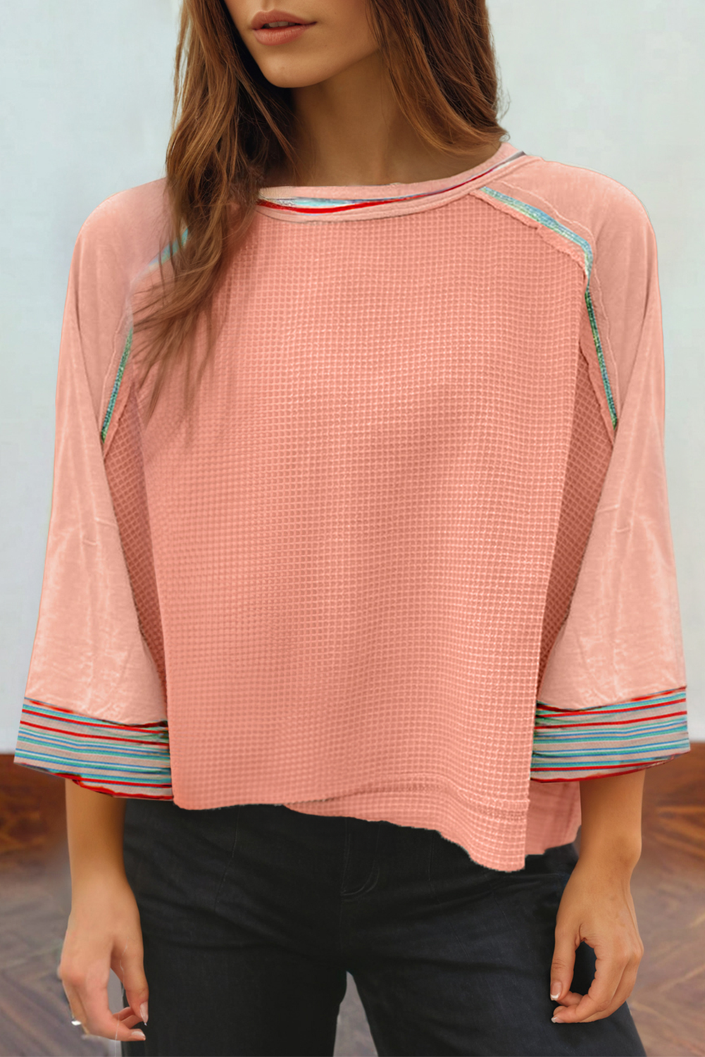 Waffle Knit Wide Bracelet Sleeve Patchwork Raglan Top