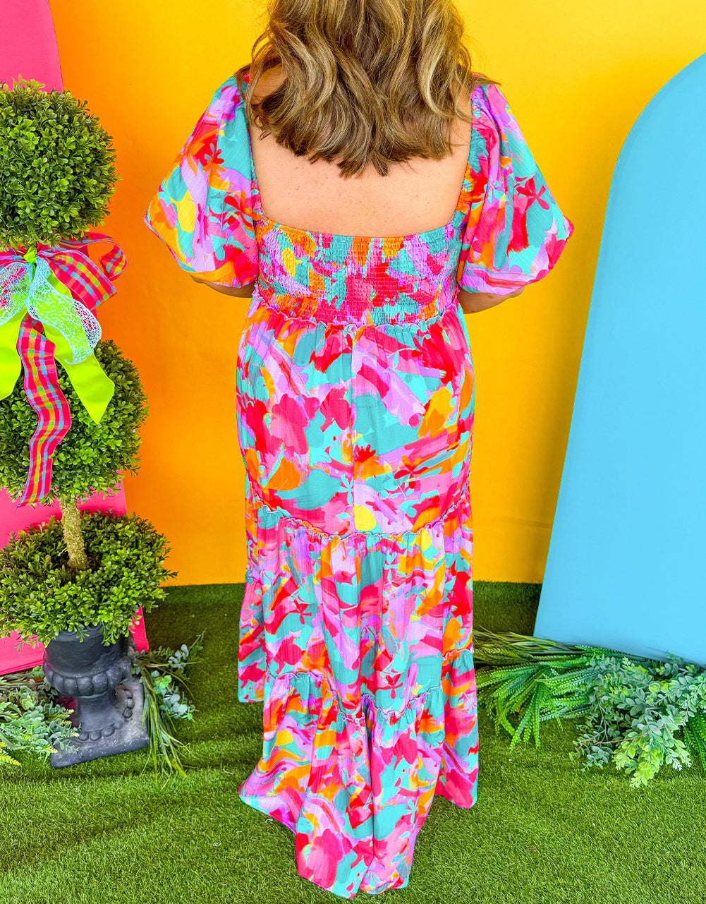 Plus Size Floral Smocked Puff Sleeve Maxi Dress