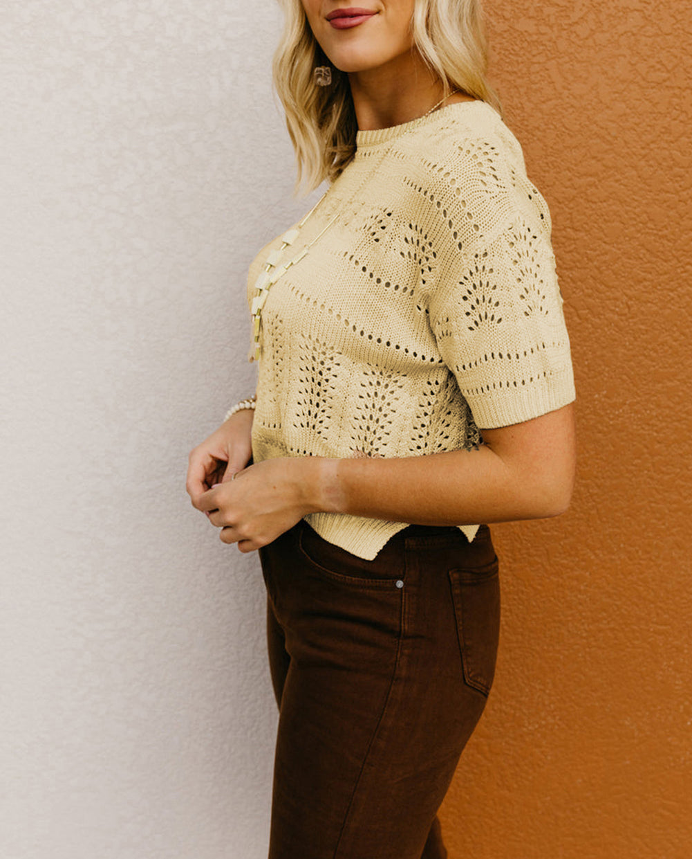 Knitted Hollow out Short Sleeve Crop Sweater