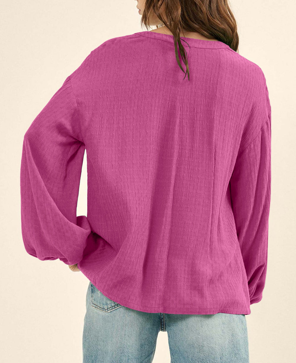 Solid Color Jacquard Puff Sleeve Button up Shirt