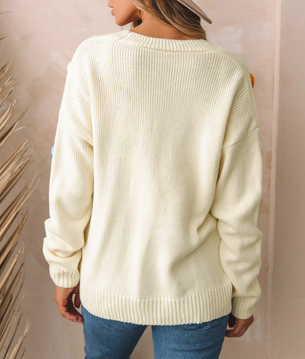 Cute Flower Embellished Buttoned Cardigan Sweater