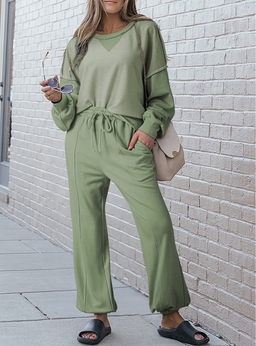 Contrast Patchwork Pullover and Drawstring Joggers Set