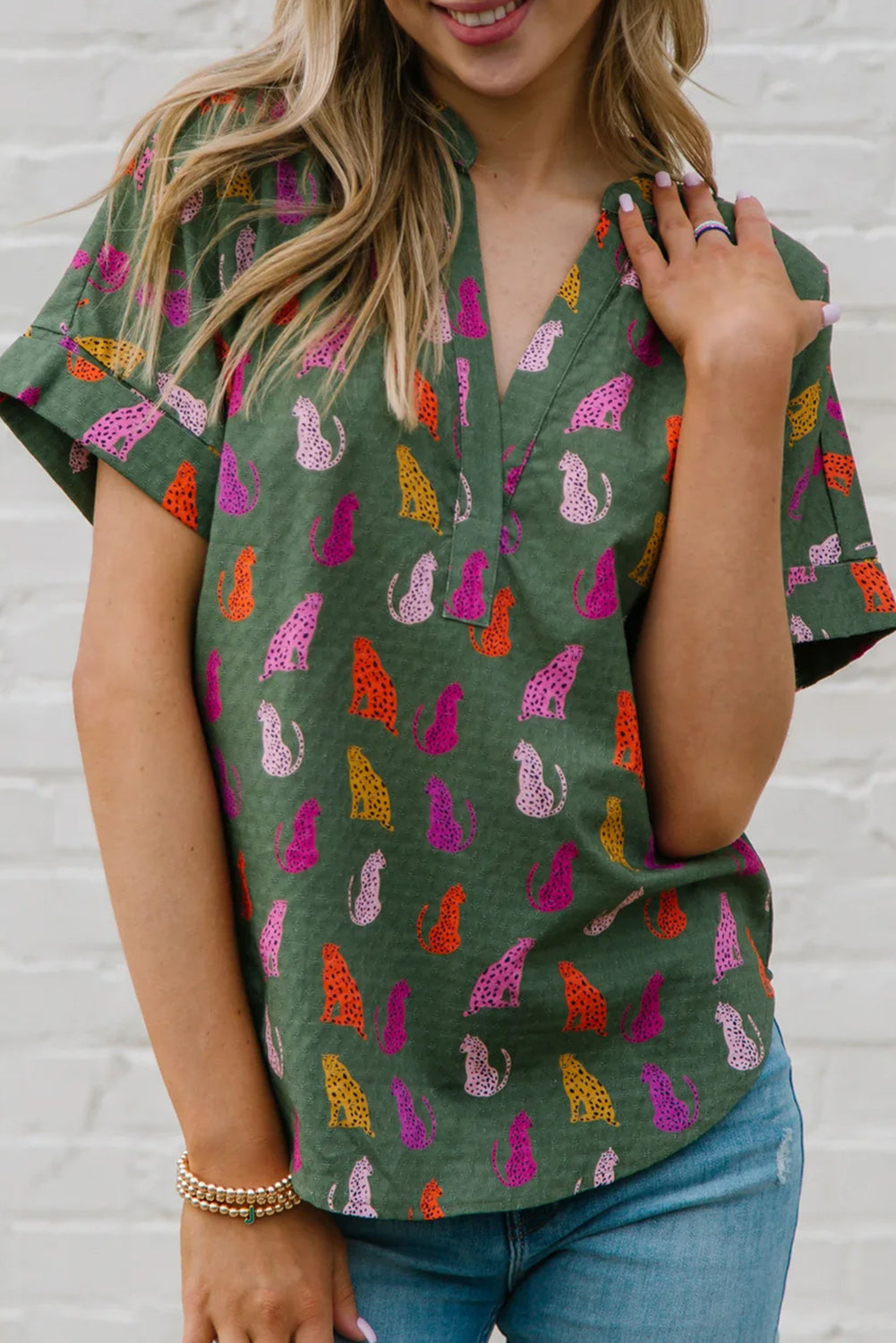 Cheetah Print Split V Neck Blouse