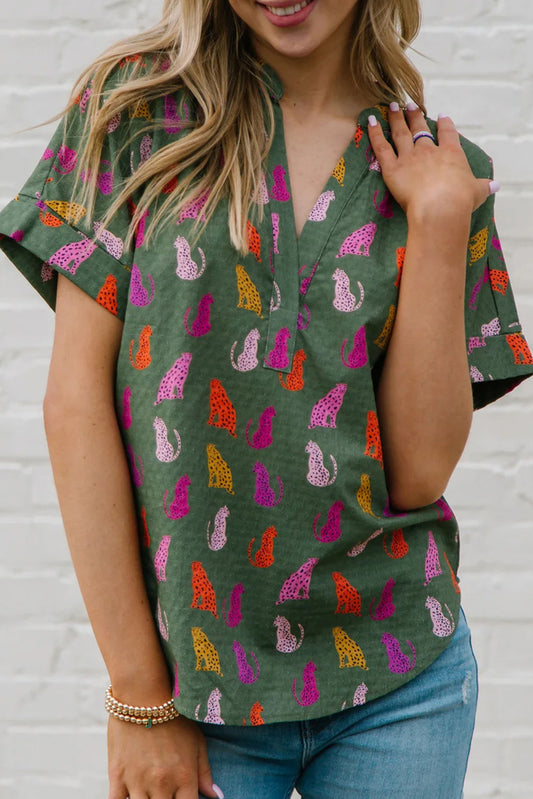 Cheetah Print Split V Neck Blouse