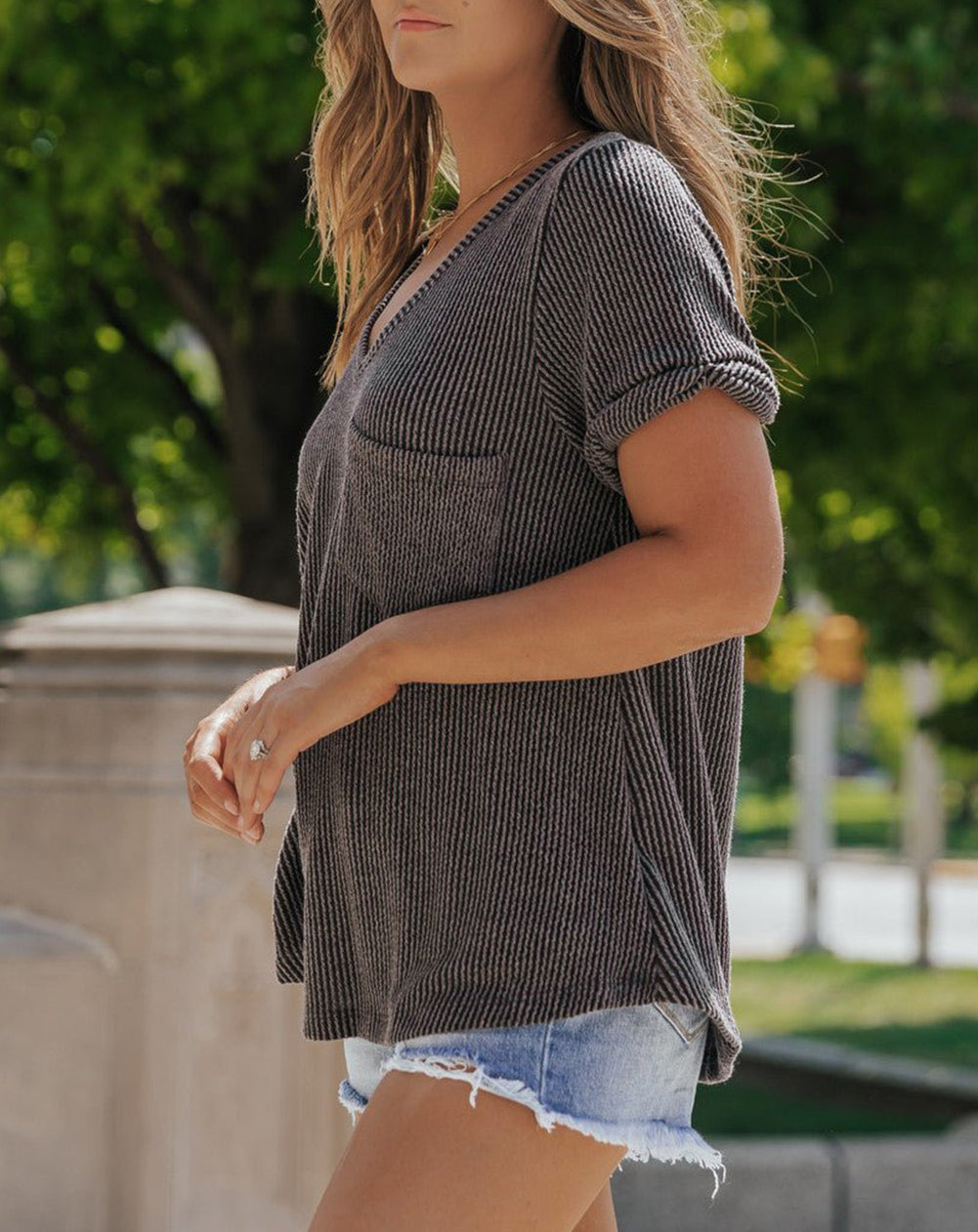 Grey Twist Short Sleeve Corded V Neck Top