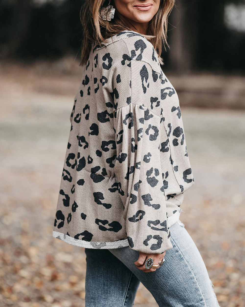 Printed Leopard Balloon Sleeve Thermal Knit Plus Size Top