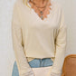 Ribbed Texture Lace Trim V Neck Long Sleeve Top