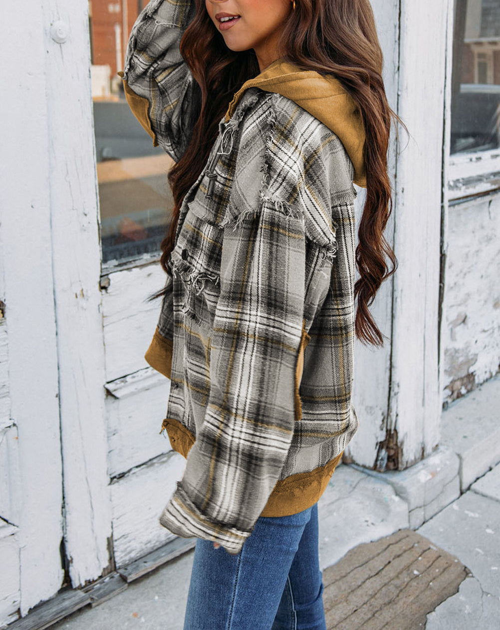 Plaid Patch Hooded Frayed Snap Button Jacket