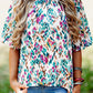 Abstract Print Puff Sleeve Mock Neck Blouse