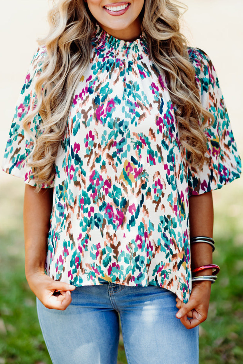 Abstract Print Puff Sleeve Mock Neck Blouse