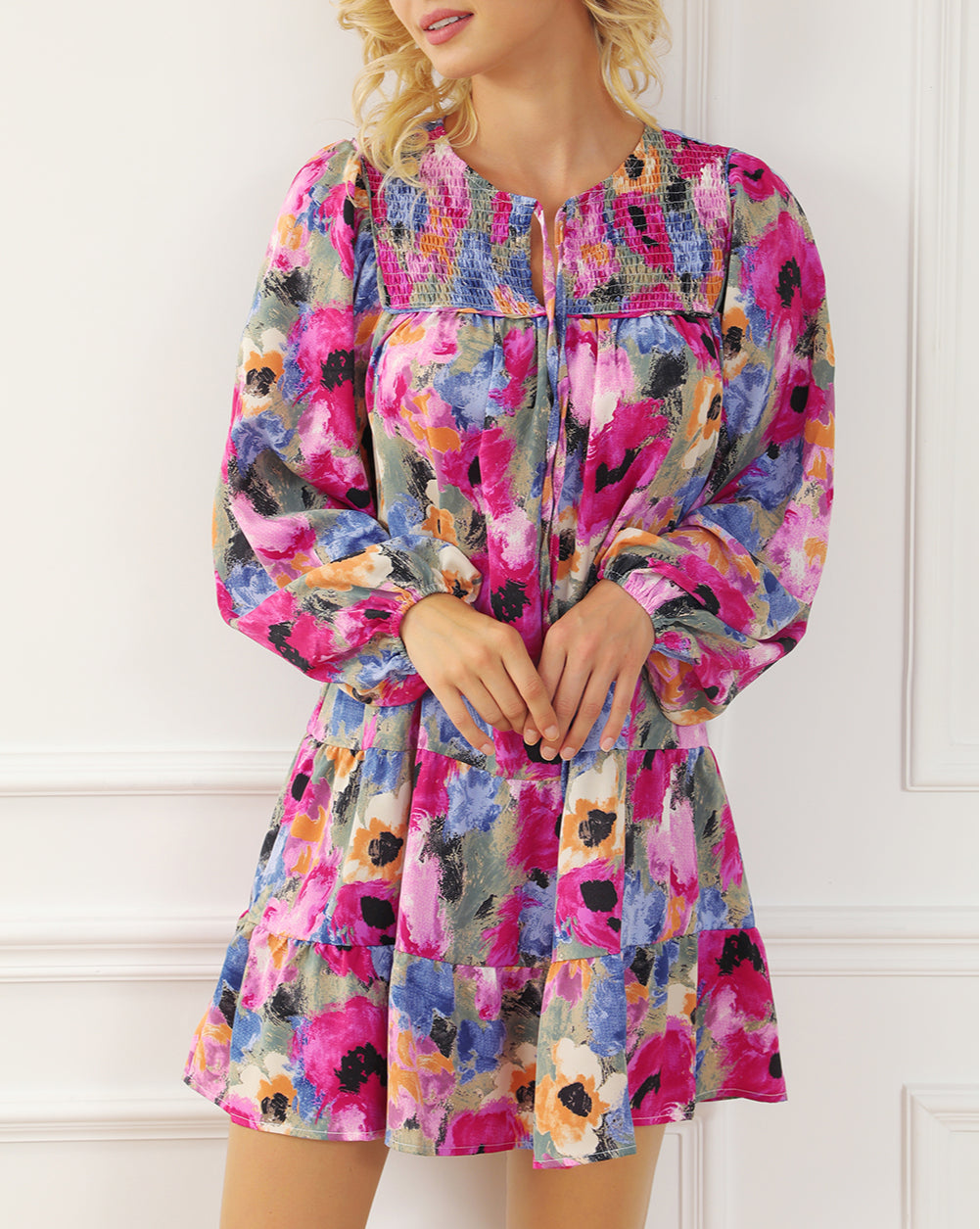 Floral Tie Neck Bubble Sleeve Shift Dress