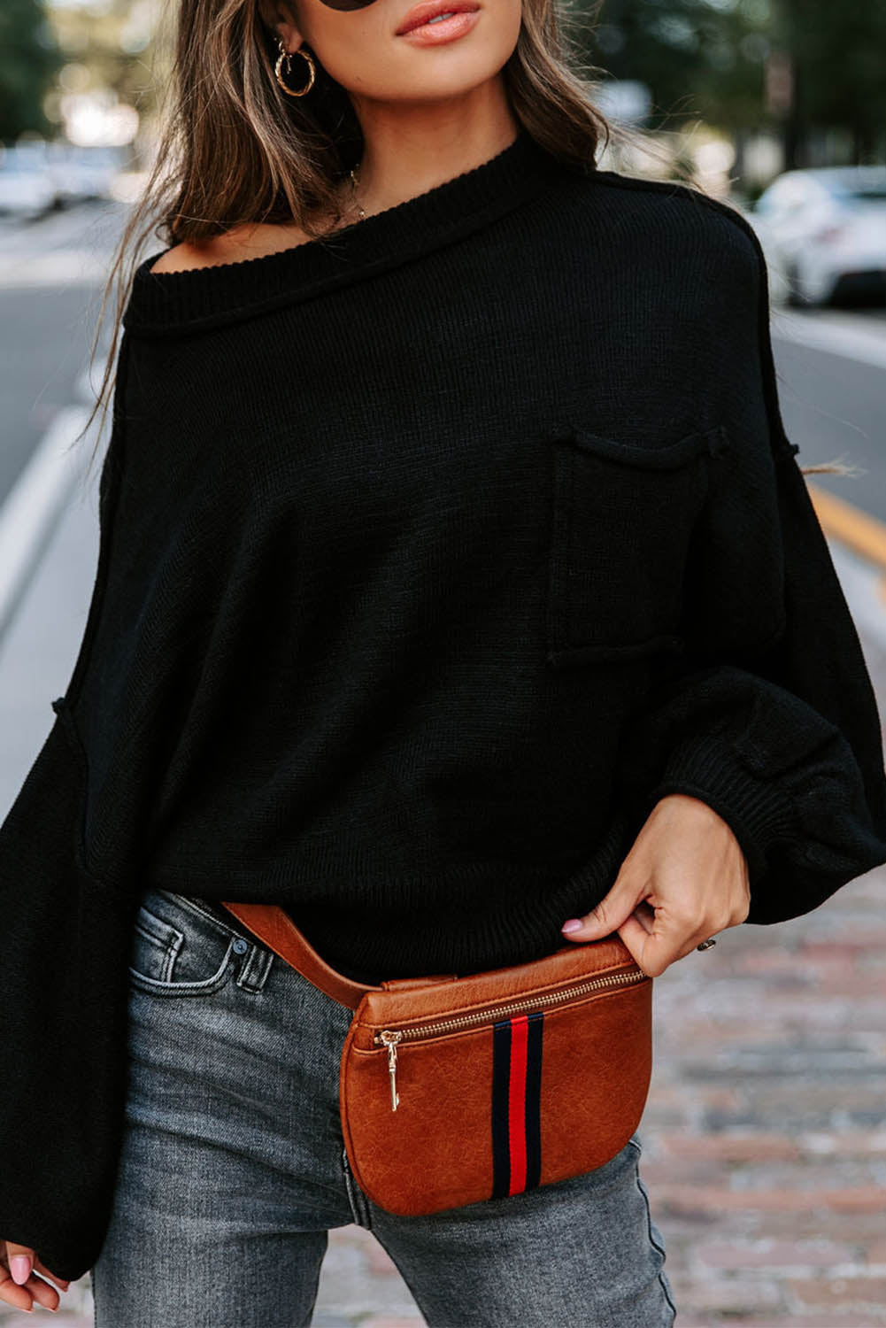 Raw Edge Patch Pocket Exposed Seam Loose Sweater