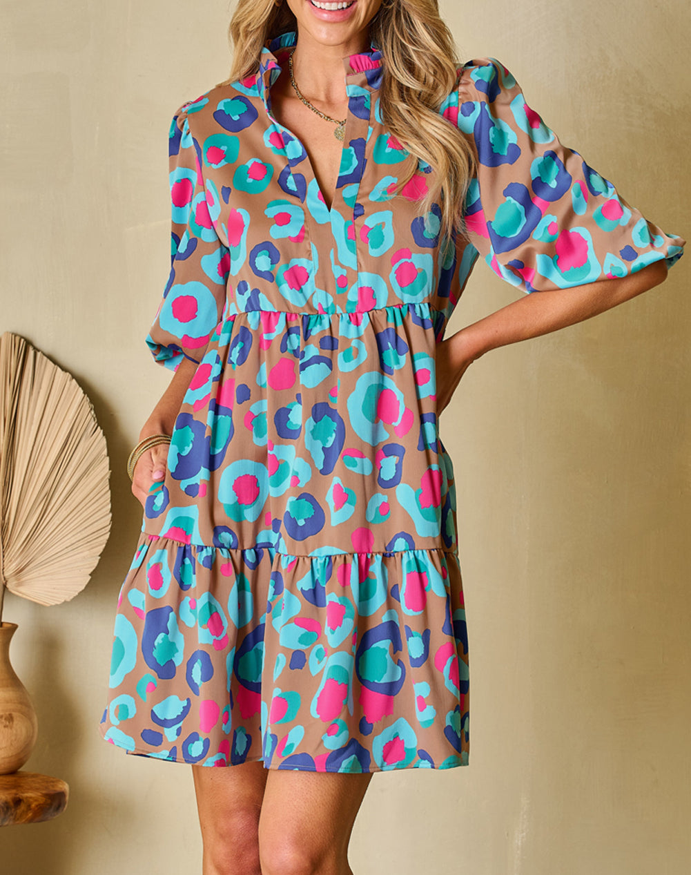 Leopard Print Bubble Sleeve Slit Neck Ruffled Dress