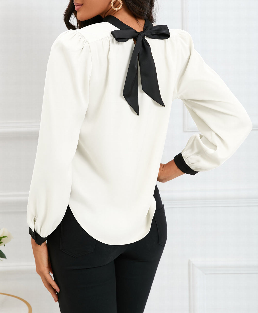 Color Block Bow Back Mock Neck Blouse