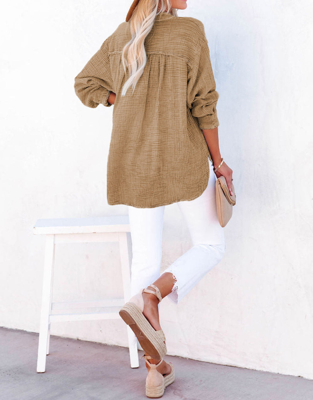 Crinkle Textured Loose Henley Top