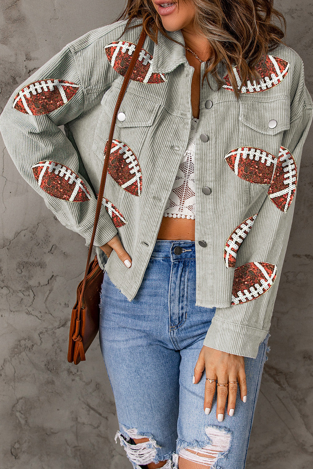 Sequined Football Patch Ribbed Cotton Jacket