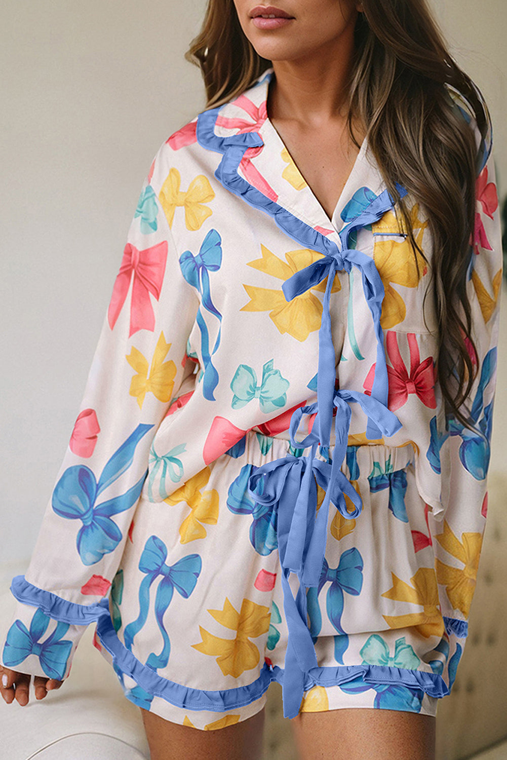 Bow Print Tied Ruffled Pajama Set