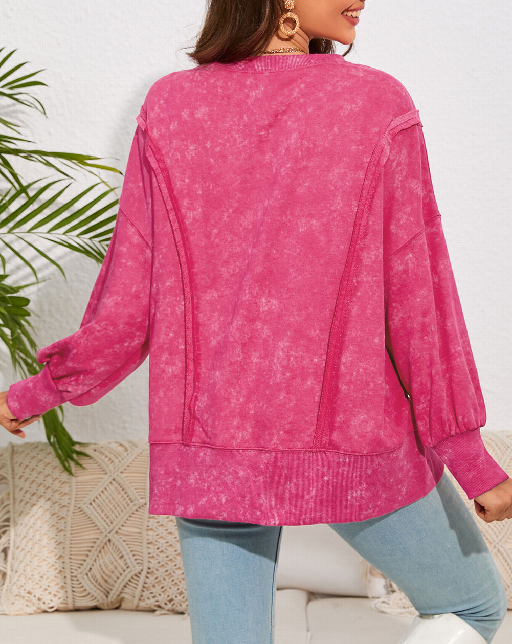 Acid Wash Relaxed Fit Seamed Pullover Sweatshirt with Slits