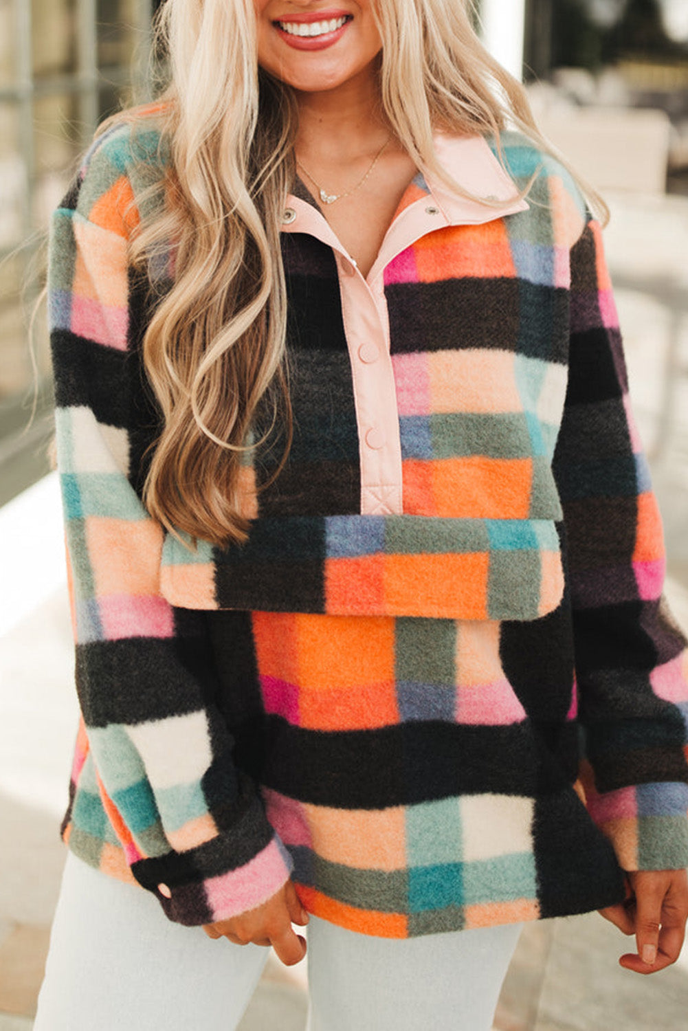 Plus Size Checkered Print Sherpa Henley Sweatshirt