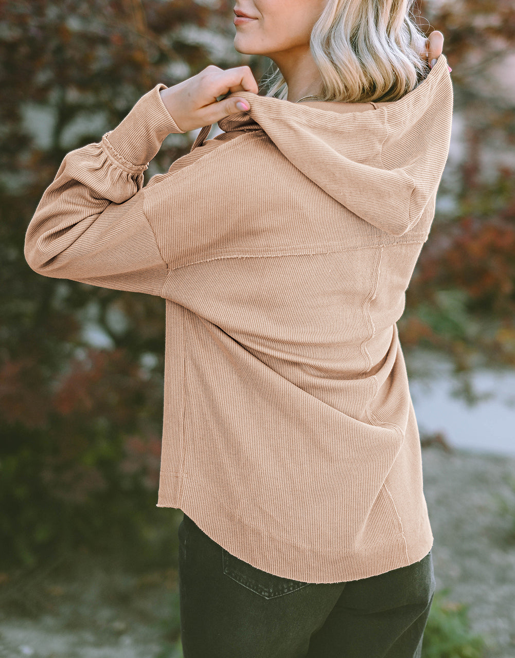 Buttoned V Neck Drawstring Knit Hoodie