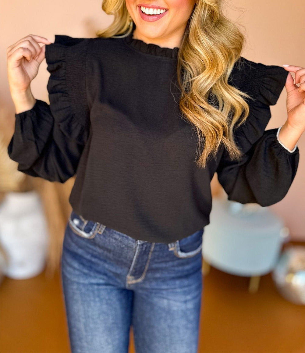 Frilled Neck Ruffled Trim Bubble Sleeve Blouse