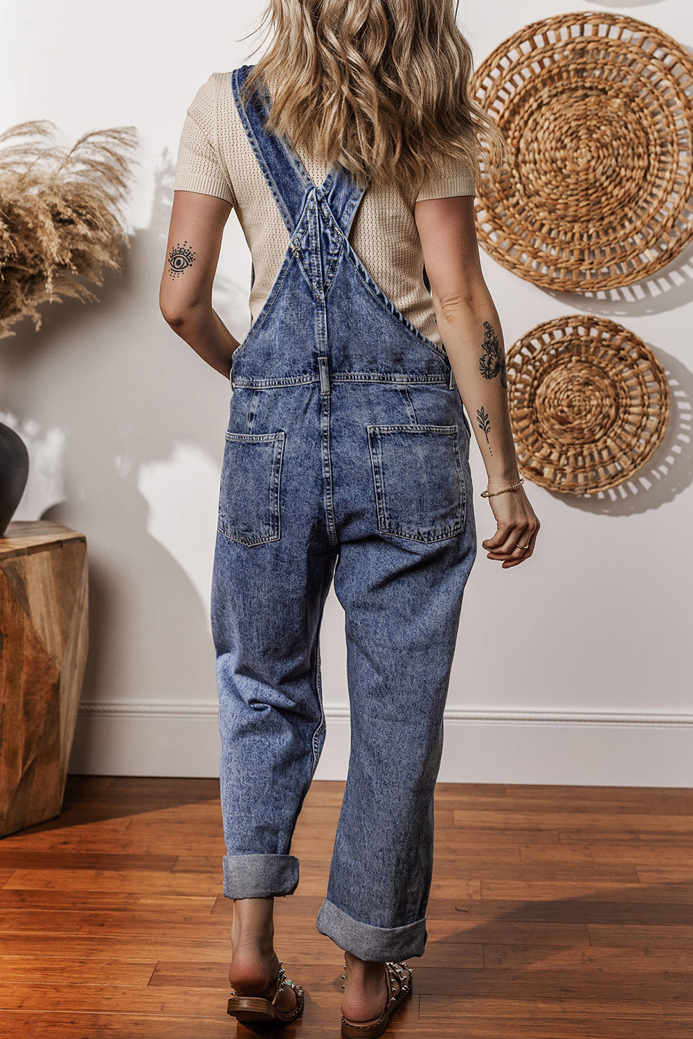 Denim Bib Straight Leg Jumpsuit with Pockets