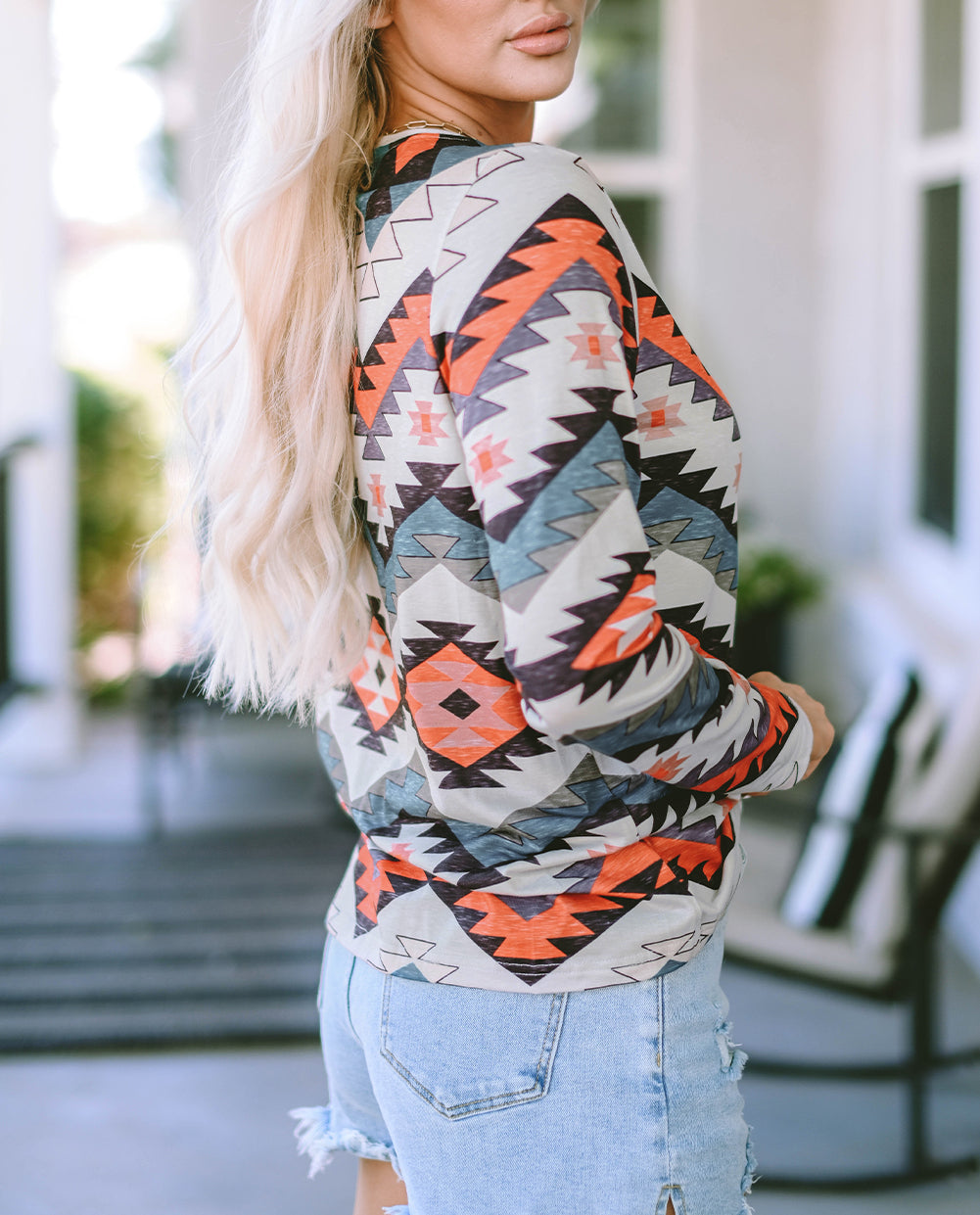 Aztec Print V Neck Long Sleeve Top