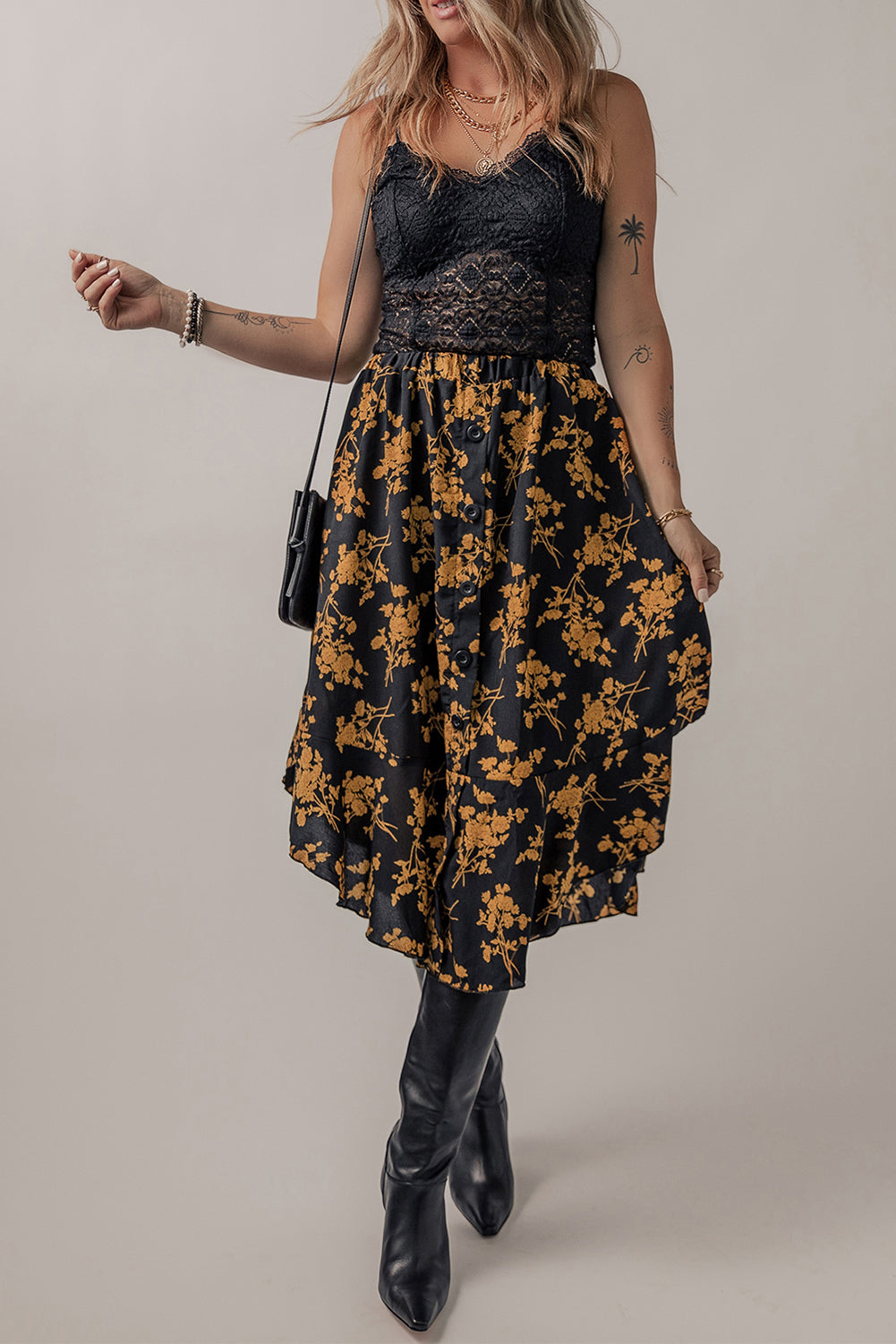 Printed Elastic Waist Button Decor Floral Ruffle Skirt
