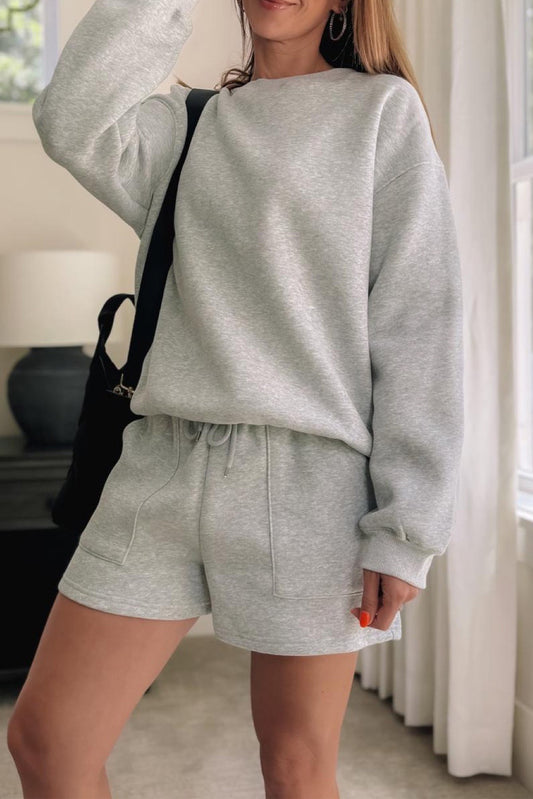 Solid Pullover Sweatshirt and Shorts 2 Piece Set