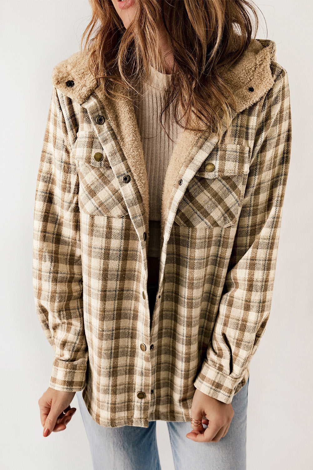 Plaid Pattern Sherpa Lined Hooded Shacket