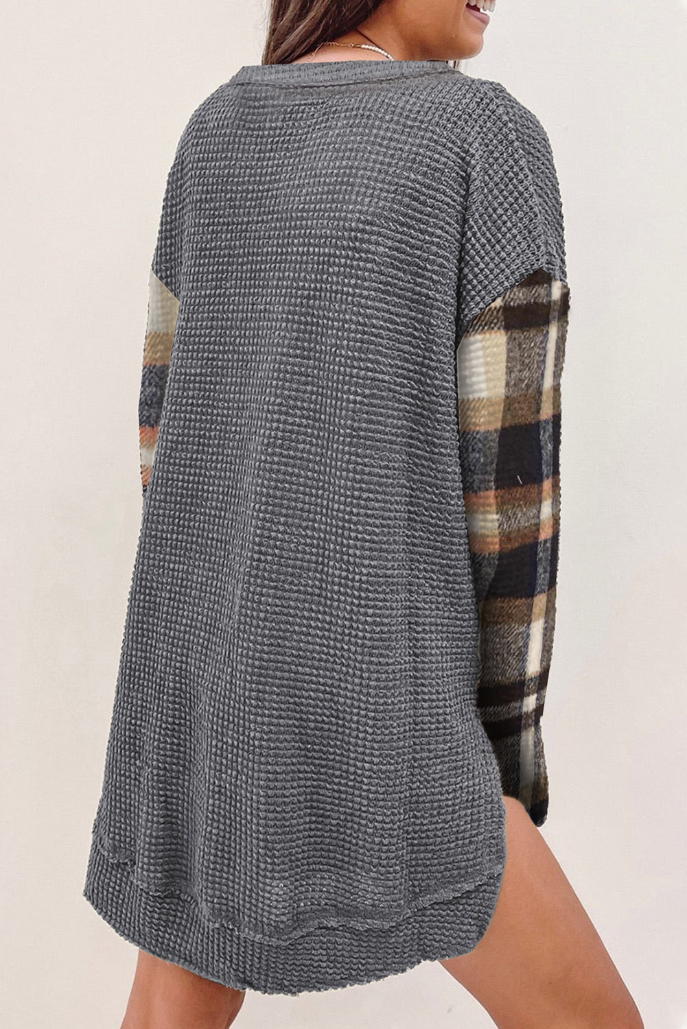 Loose Plaid Patchwork Textured Knit Henley Top