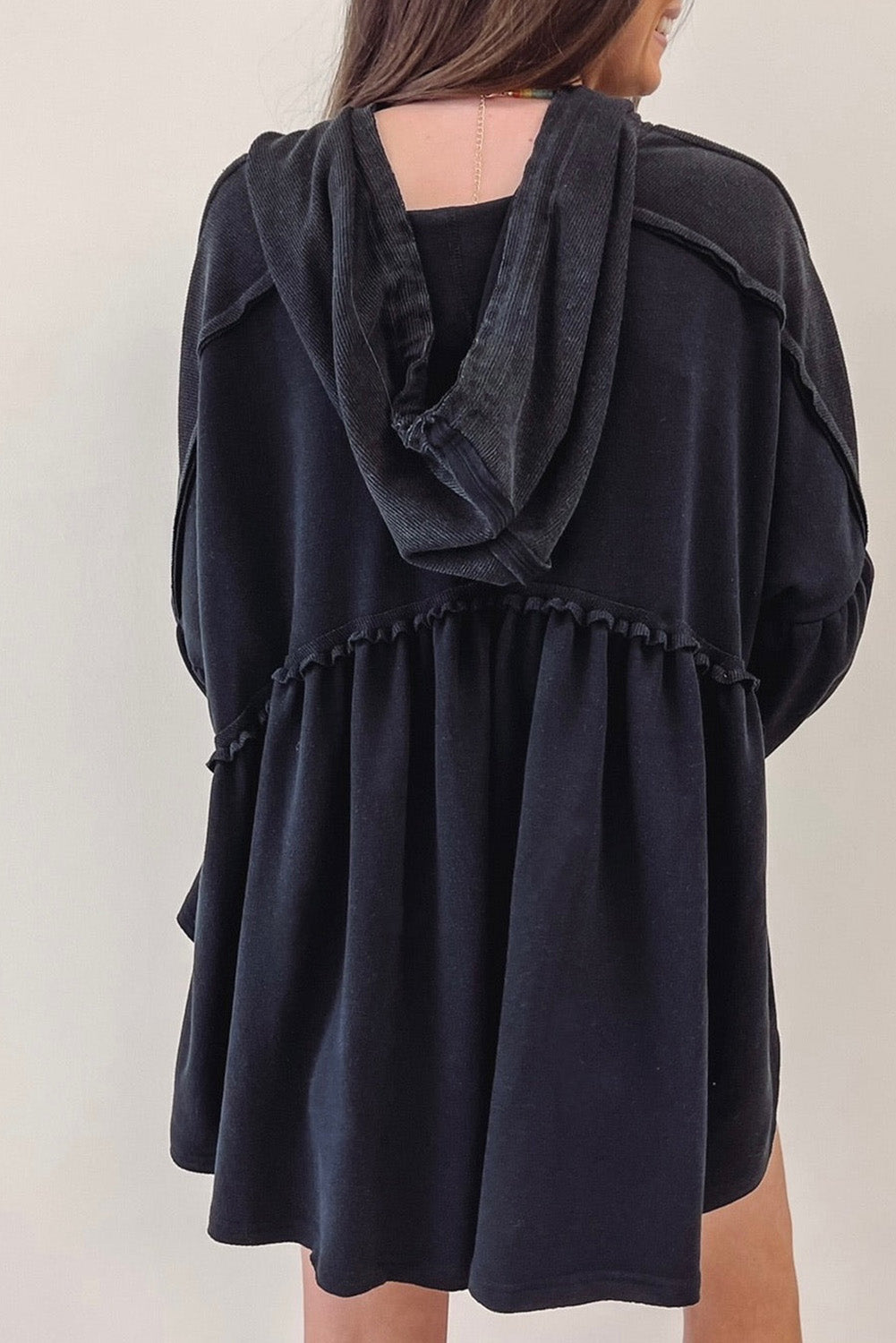 Oversized Ruffled High Low Hem Drop Shoulder Hoodie